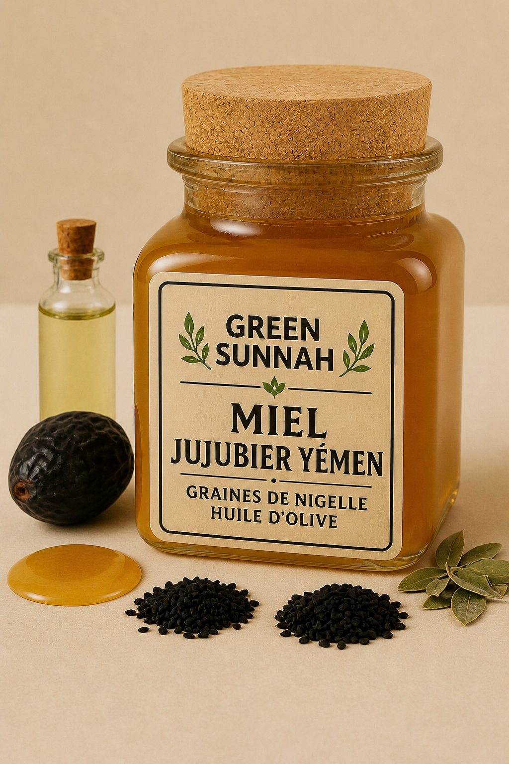 Miel de Jujubier du Yémen, Graines de Nigelle d’Éthiopie & Huile d’Olive de Kabylie – Élixir naturel pour le corps et la Roqya